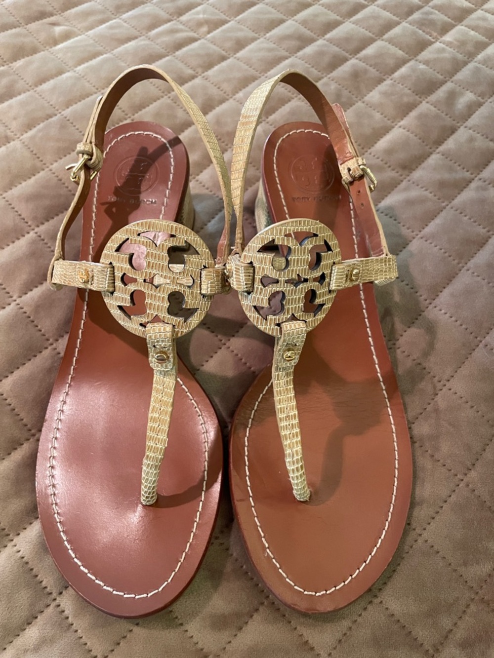 Tory Burch Gold Logo T-Strap Sandals